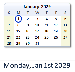 January 1, 2029 calendar