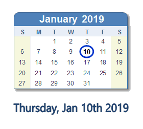January 10, 2019 calendar