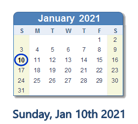 January 10, 2021 calendar