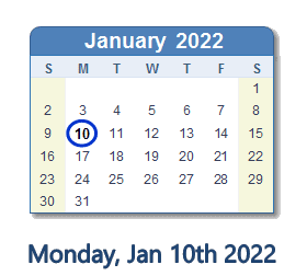 January 10, 2022 calendar