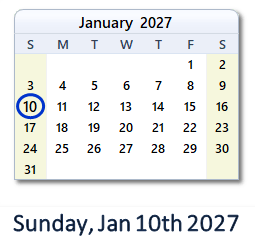 10 January 2027 calendar