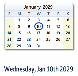 January 10, 2029 calendar
