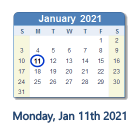 January 11, 2021 calendar