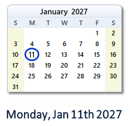 January 11, 2027 calendar