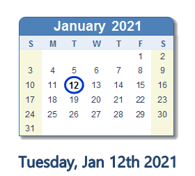 January 12, 2021 calendar