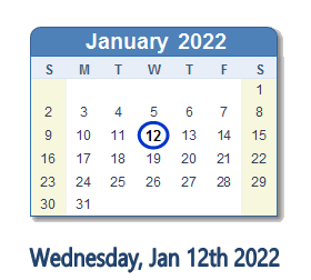 12 January 2022 calendar