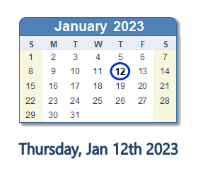 12 January 2023 calendar