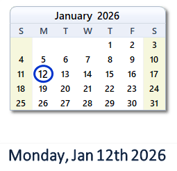 12 January 2026 calendar