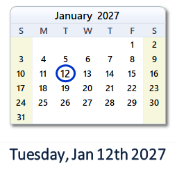 January 12, 2027 calendar