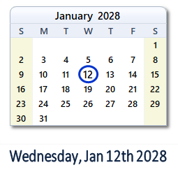 January 12, 2028 calendar