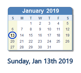 January 13, 2019 calendar