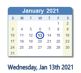 January 13, 2021 calendar
