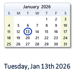 13 January 2026 calendar