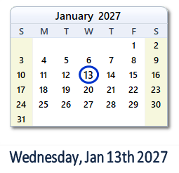 13 January 2027 calendar