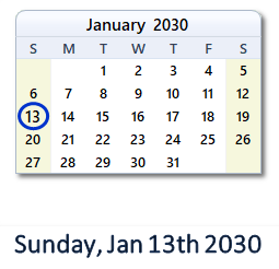 January 13, 2030 calendar