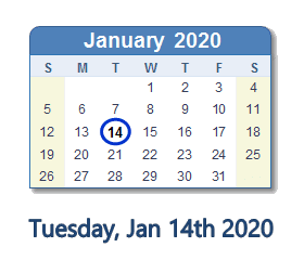 January 14, 2020 calendar