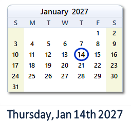 January 14, 2027 calendar