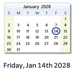 January 14, 2028 calendar