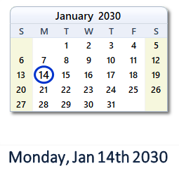 January 14, 2030 calendar