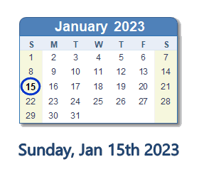 15 January 2023 calendar