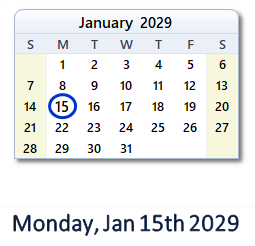 January 15, 2029 calendar