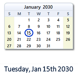January 15, 2030 calendar