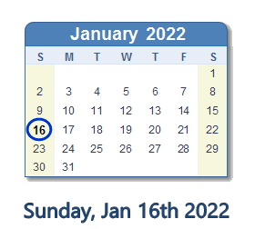 January 16, 2022 calendar