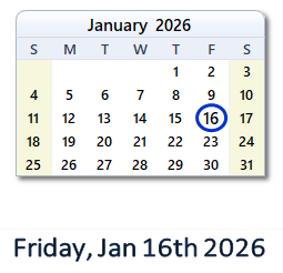 16 January 2026 calendar