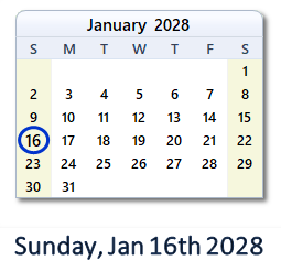 January 16, 2028 calendar