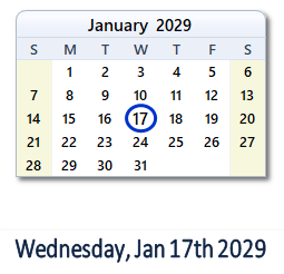 January 17, 2029 calendar