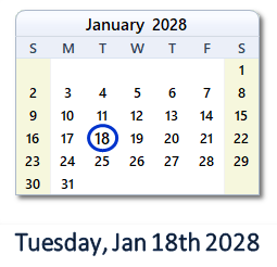 January 18, 2028 calendar