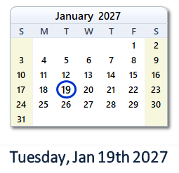 19 January 2027 calendar
