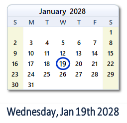 January 19, 2028 calendar
