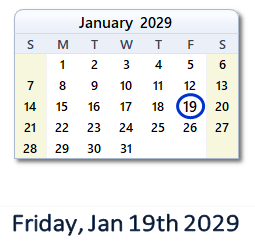 January 19, 2029 calendar