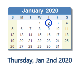 January 2, 2020 calendar