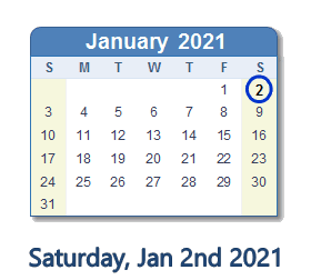 January 2, 2021 calendar