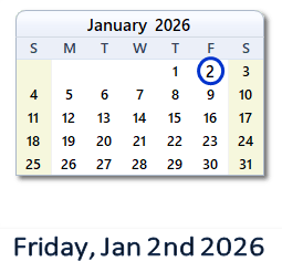 2 January 2026 calendar