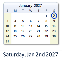 2 January 2027 calendar