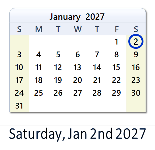 January 2, 2027 Calendar with Holidays & Count Down - USA