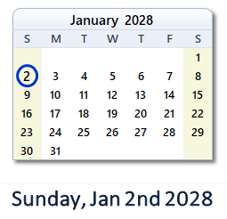 January 2, 2028 calendar