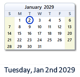 January 2, 2029 calendar