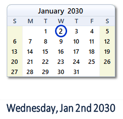 January 2, 2030 calendar