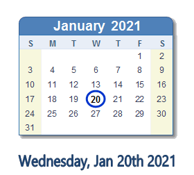 January 20, 2021 calendar