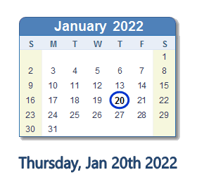 20 January 2022 calendar