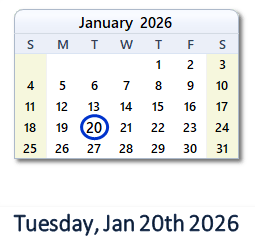 20 January 2026 calendar