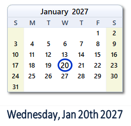 January 20, 2027 calendar