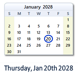 January 20, 2028 calendar