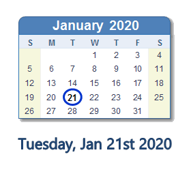 January 21, 2020 calendar