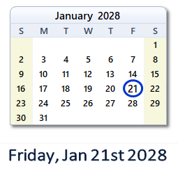 January 21, 2028 calendar