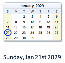 January 21, 2029 calendar